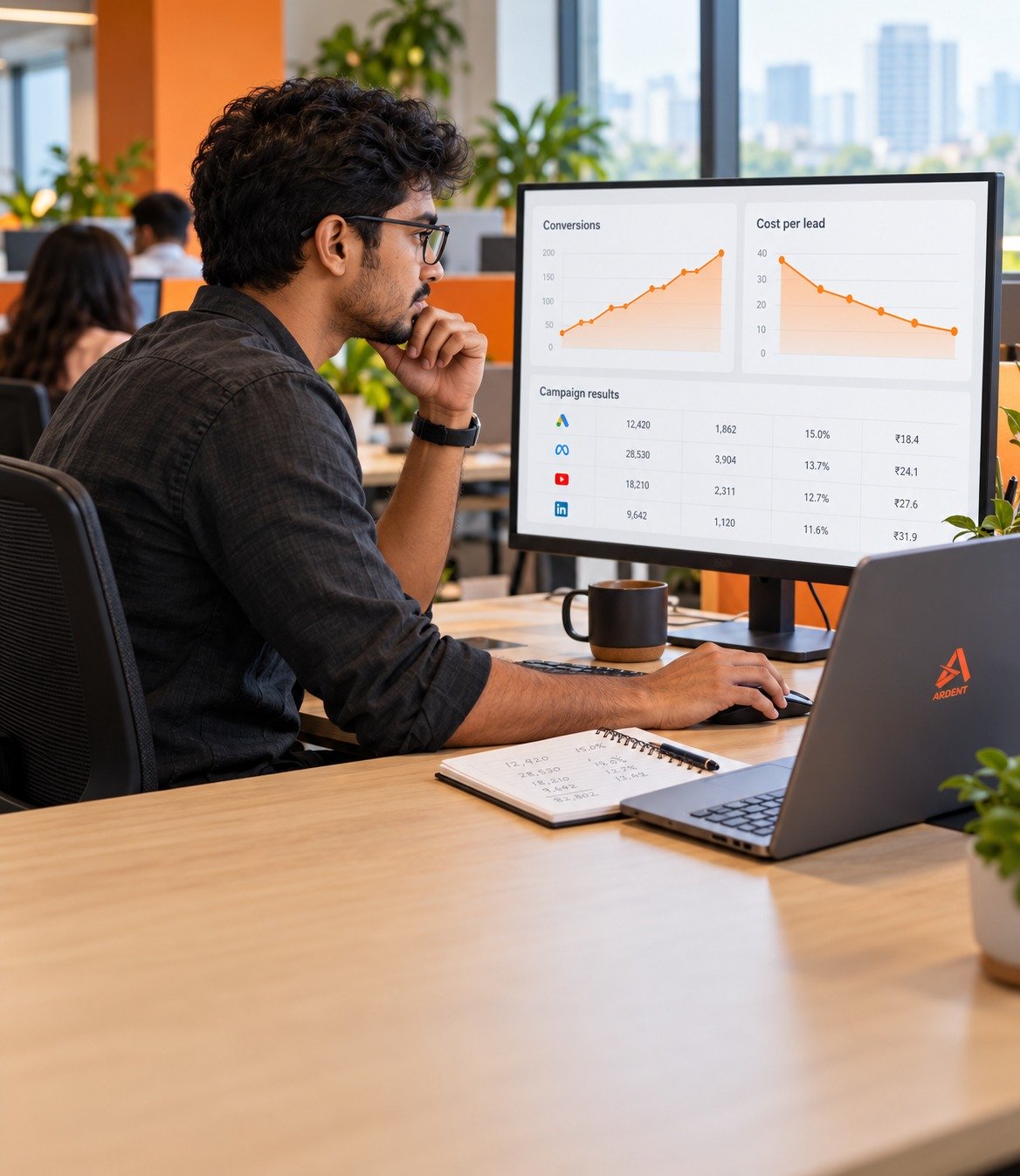 Ardent analyst reviewing an ads performance dashboard